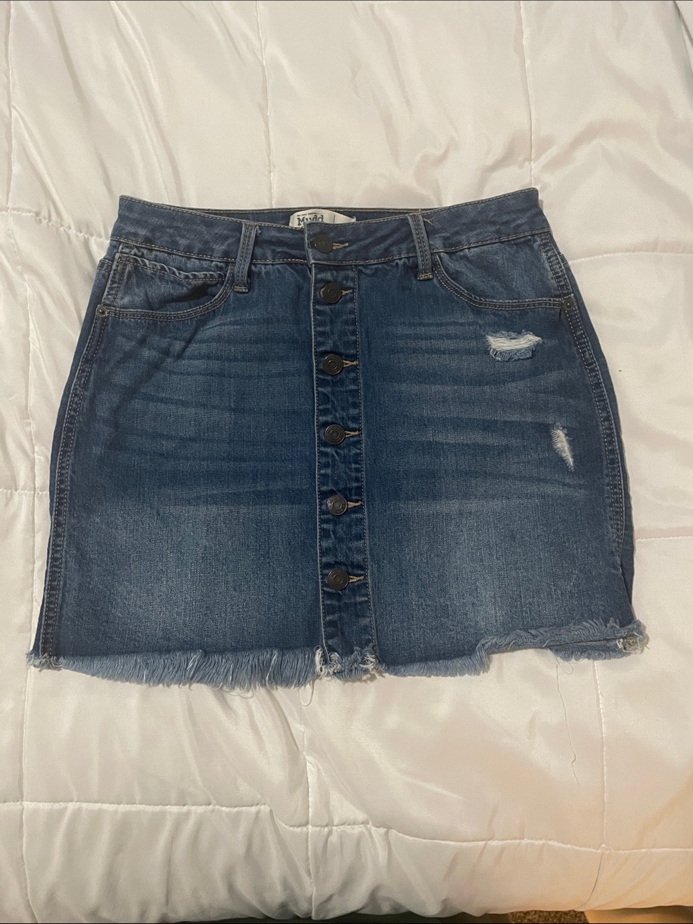 Mudd Dark Blue Button-Front Distressed Denim Mini Skirt